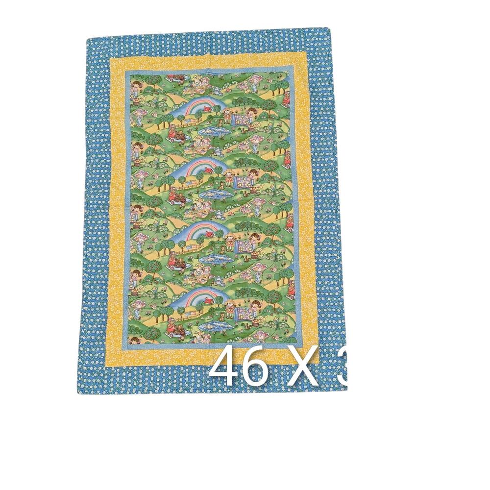 Vintage Yellow Blue Reversible Quilt Baby Blanket 46x32 Animal Picnic Rainbow
